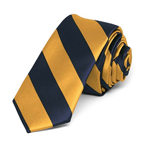 TieMart Striped Skinny Tie  2" Width  Navy Blue and Gold Bar