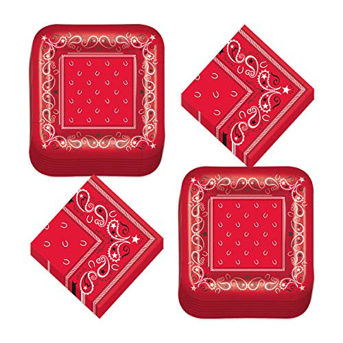 Western Party Supplies - Red Bandana Paper Dessert Plates and Beverage Napkins  Serves 16