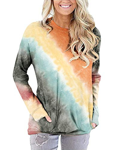 LYCKYY Women's Tie Dye Long Sleeve Shirts Crewneck Pullover Sweatshirt Tunic Tops Orange 2XL