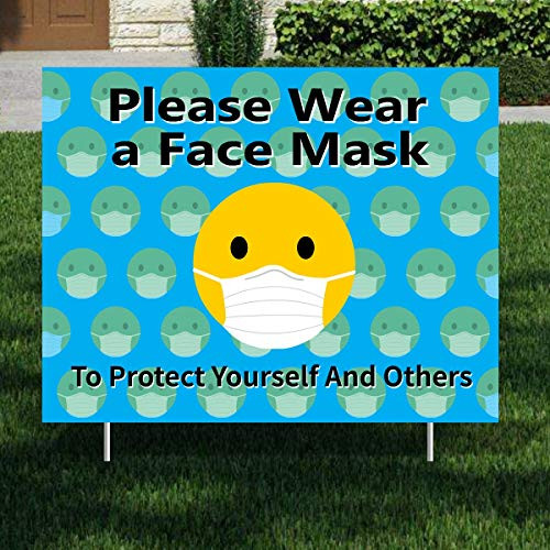Irthlai 2 Side Printed Please Wear A Face Mask Yard Sign- 18x14 inch Outdoor Lawn Sign  Weatherproof Corrugated Plastic  Blue-Black
