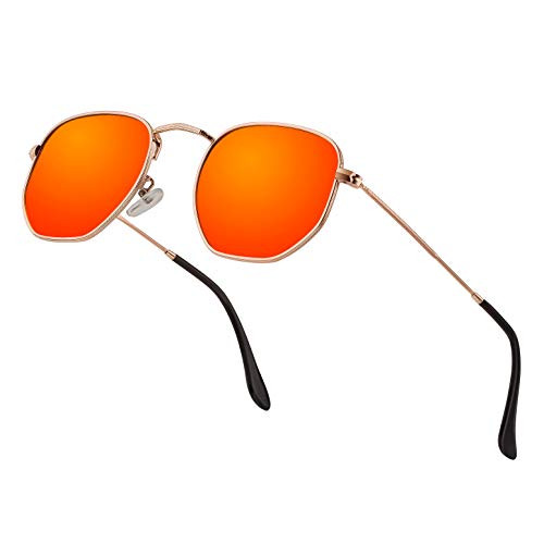 Modern Geometric Polarized Metal Slim Arms Neutral Colored Lens Hexagonal Sunglasses Men Women Square Small Vintage Frame Retro Round Mirrored Driving Fashion Shade Sun Glasses Orange Lens Gold Frame