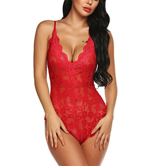 RSLOVE Women Deep V Sexy Lace Bodysuit Snap Crotch Lingerie Teddy Underwear Wine Red S RSLOVE Women Deep V Sexy Lace Bodysuit Snap Crotch Lingerie Teddy Underwear Wine Red S