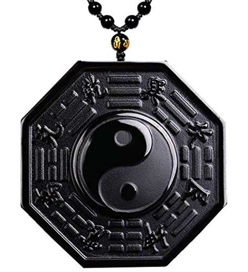 Mson Obsidian Pendant Necklace Obsidian Crystal Pendant Necklace Pattern with Extend Bead Chain for Men or Women  Tai Chi