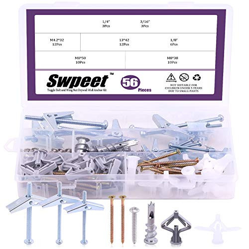 Swpeet 56Pcs Toggle Bolt and Wing Nut with Hollow-Door Drywall Toggle Anchors Assortment Kit  Zinc Hollow-Wall Anchor Self-Drilling Drywall Anchors with Phillips Screws - 1 8 Inch  3 16Inch  1 4Inch