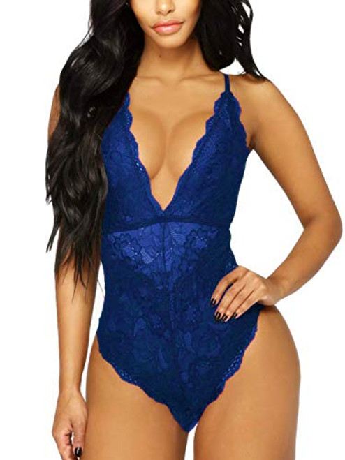 Kaei and Shi Kitty-Kitty V-Neck See Through Lingerie Floral Lace Babydoll Sexy Lingerie for Women One Piece Bodysuit Blue Small