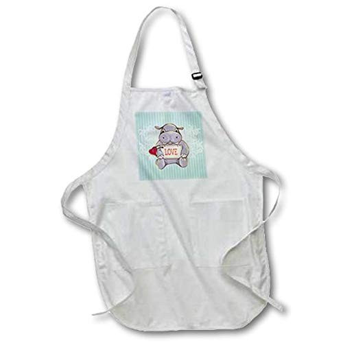 3dRose Cute Hippopotamus Holding Love Sign With Heart With Blue Striped Background Valentine Or Any Day - Full Length Apron, 22 by 30-inch, Black, With Pockets (apr_119045_4)