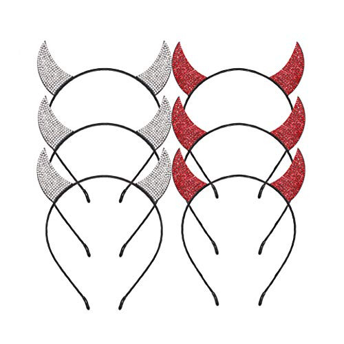 Halloween Headbands Glitter Devil Horns Headband Horn Ears Thin Hairband Hair Hoop Halloween Cosplay Party Supplies For Women Girls 6 Packs  redPlussilver