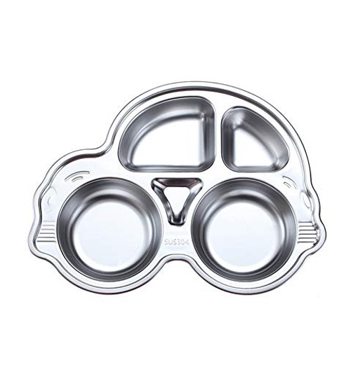 Stainless Steel Plate Divided Meal Tray Sections Dinner Dish for Baby Toddler Kids Eating Food Car Shape BPA-Free Safe Fun Non-Toxic Heavy Duty