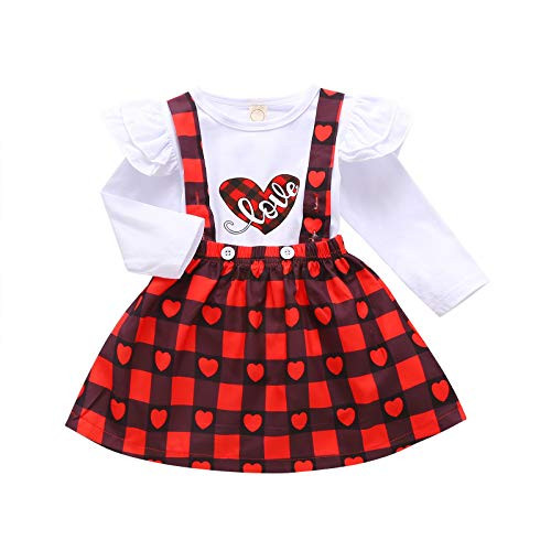 Toddler Baby Girl Valentines Day Clothes Solid Ruffle Long Sleeve Top Heart Print Plaid Suspender Skirt 2pcs Outfit Set  Red 1  18-24 Months
