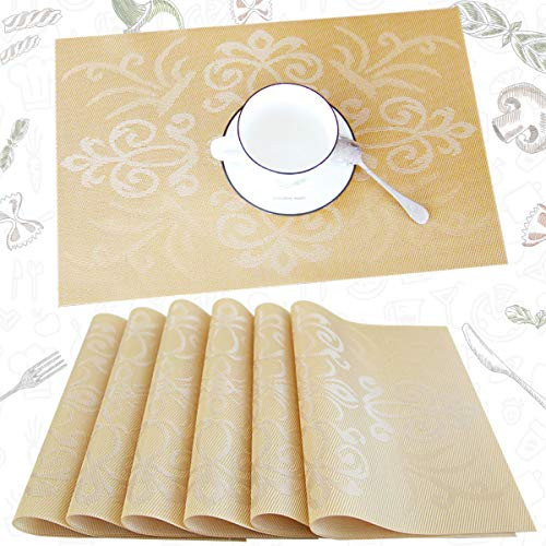 Placemats for Dining Table Kitchen Table Mats Set of 6 Washable PVC Heat Resistant Place Mats Stain Resistant Non-Slip Placemat for Hotel Office Gold Placemats for Dining Table Kitchen Table Mats Set of 6 Washable PVC Heat Resistant Place Mats Stain Resistant Non-Slip Placemat for Hotel Office Gold