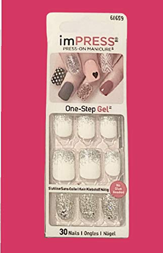 Kiss ImPress Press-On Manicure White Nails 60659 One Shine Day  Silver Glitter Accent Nails