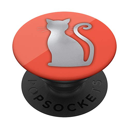 Phone Grip Cat Design. Silver Cat On Coral Orange PopSockets PopGrip  Swappable Grip for Phones  and  Tablets