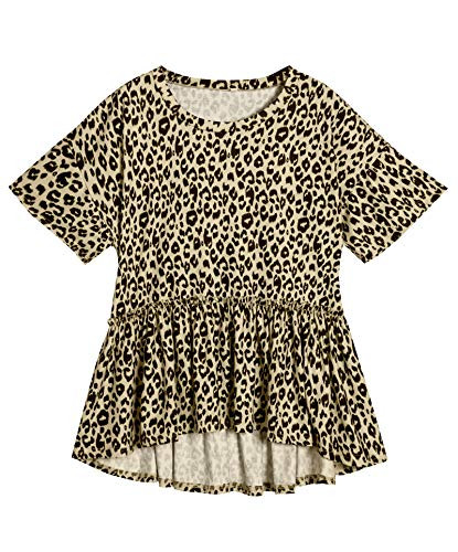 Remidoo Women's Leopard Print Ruffle Hem Short Sleeve High Low Peplum Blouse Top Light Brown Large