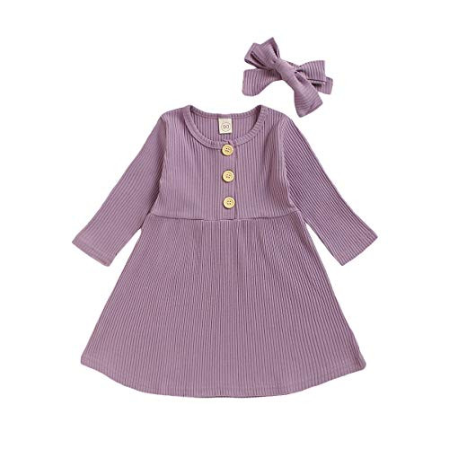 Toddler Baby Girl Fall Outfit Casual Dress Solid Long Sleeve Outfit Button Dress with Headband Clothes  Purple  12-18 Months Toddler Baby Girl Fall Outfit Casual Dress Solid Long Sleeve Outfit Button Dress with Headband Clothes  Purple  12-18 Months