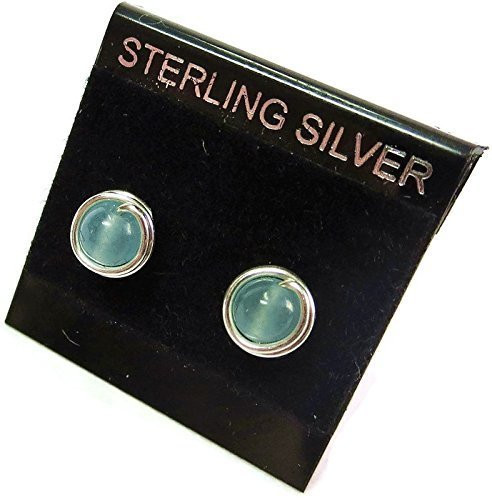 Blue Chalcedony  and  Sterling Silver Wire-Wrapped Stud Post Earrings