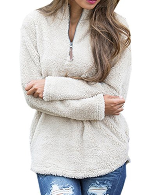 MACCHIASHINE Women's Zippered Fleece Sherpa Pullover Winter Sweatshirt Jacket Apricot MACCHIASHINE Women's Zippered Fleece Sherpa Pullover Winter Sweatshirt Jacket Apricot