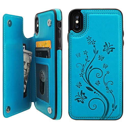 iPhone Xs Max Wallet Case with Card Holder  Vaburs Embossed Butterfly Premium PU Leather Double Magnetic Buttons Flip Shockproof Protective Case Cover for iPhone Xs Max  6.5"  Blue