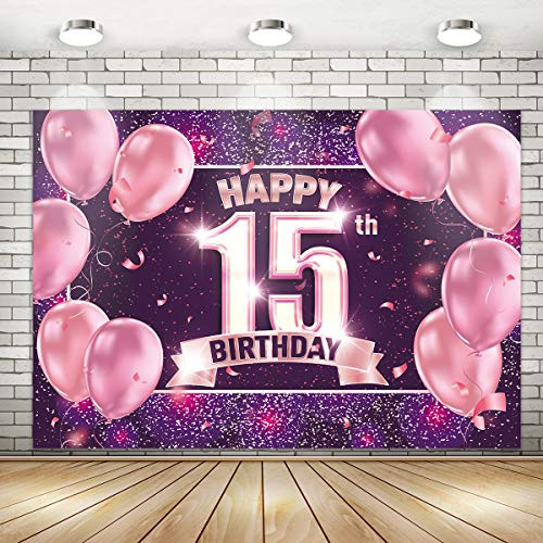 Happy 15th Birthday Backdrop Decorations for Girls  15th Birthday Backdrop Background Banner Pink Purple Gold  Happy 15th Birthday Photo Backdrop Banner Wall Decorations Party Supplies 71 x 49 inch