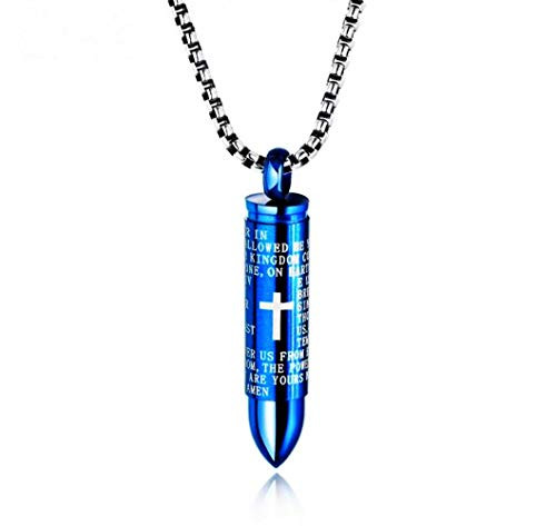 Lord's Prayer Cross Bullet Pendant Stainless Steel Lords Bible in English Cross Prayer Cremation Ashes Urn Necklace  Free Chain  Blue