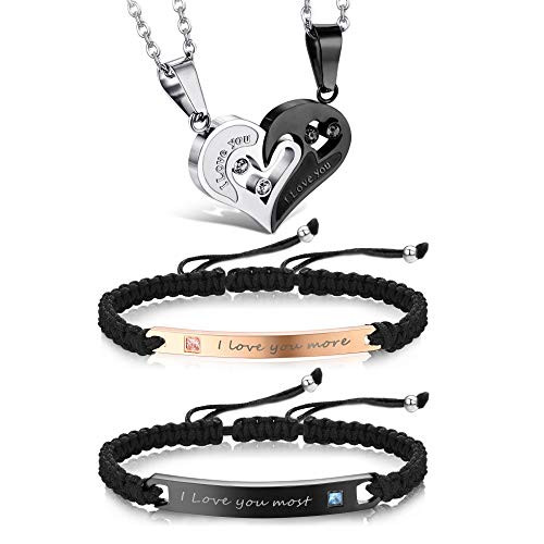 YADOCA 4Pcs Couple Necklace Bracelets Set for Women Men Personalized Handmade Matching Couples Rope Braided ID Relationship Bracelets Stainless Steel Couple Necklace Pendant Love Heart CZ Puzzle YADOCA 4Pcs Couple Necklace Bracelets Set for Women Men Personalized Handmade Matching Couples Rope Braided ID Relationship Bracelets Stainless Steel Couple Necklace Pendant Love Heart CZ Puzzle