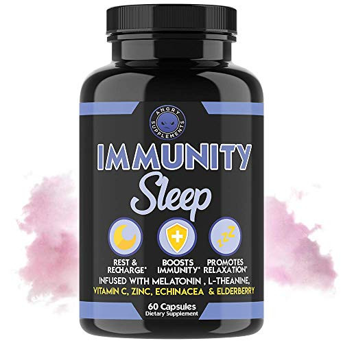 Immunity Sleep Capsules by Angry Supplements  Night-time Immune Boosting Formula  Restful Sleep Aid Infused with Melatonin  L-Theanine  Vitamin C  Zinc  Echinacea and Elderberry  1-Bottle