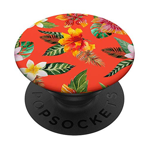 Yellow Orange Hibiscus with White Plumeria Flower on Orange PopSockets Grip and Stand for Phones and Tablets