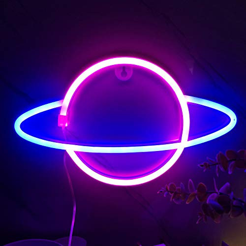 Momkids Planet Shape Neon Signs Pink Blue LED Neon Light Hanging Wall Lights Battery or USB Powered Night Light for Bar Festive Party Christmas Kids Room Home Decorative Lights