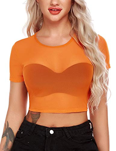 Avidlove Women's Mesh Crop Top Short Sleeve See Through Shirt Sexy Sheer Cropped Tee  Orange  Small