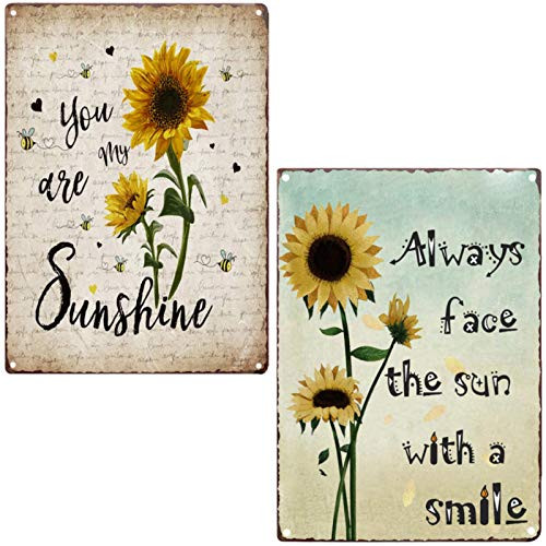 TISOSO You are My Sunshine  and  Always Face The Sun with A Smile Retro Vintage Tin Bar Sign Sunflower Farmhouse Bathroom Decor 2Pcs-8X12Inch