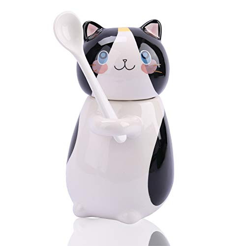 Cute Cat Mugs  Funny Ceramic Coffee Mug 9 oz Kitty Tea Cup Cat Coffee Mugs with Spoon and Lid  Novelty Valentine's Day Birthday Gift for Cat Lovers Coffee Lovers - Sushi