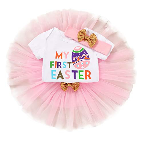 Newborn Baby Girl Easter Outfits My 1st Easter Egg Romper Bodysuit and Tutu Skirt with Headband 3pcs Summer Clothes Set  Pink Skirt Set  0-6 Months