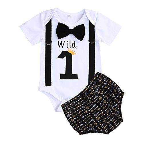 Baby Boy First Birthday Outfit Infant Wild One Boy Bow Tie Short Sleeve RomperPlusShorts Bodysuit Cake Smash Outfits  White  15-18 Months
