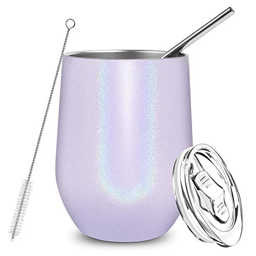 Stemless Wine Glasses for Women Gift 12oz Unbreakable Insulated Glitter Stainless Steel Wine Tumbler with Spill Proof Lid and Straw Vacuum Water Coffee Mug Cup for Birthday  Purple