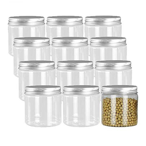 FEOOWV 12 Pack Clear Plastic Jars Bottles Containers with Silver Metal Lids 12oz 350ml  for Kitchen Supplies Storage