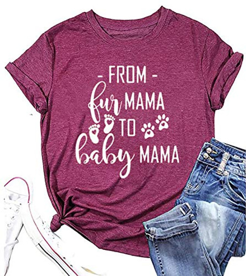from Fur Mama to Baby Mama T-Shirt for Women Funny Mama Shirt Dog Mom Graphic Tees Short Sleeve Tops Blouses  Purple  Large