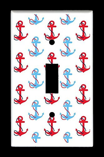 Single Toggle  1-toggle  Light Switch Plate Cover - Nautical - Blue and Red Anchors on White Background