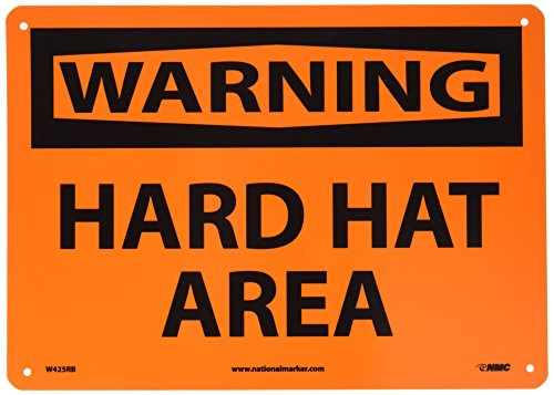 NMC W425RB WARNING  HARD HAT AREA Sign - 14 in. x 10 in. Standard Rigid Plastic Warning Sign with Black Text on Orange Base
