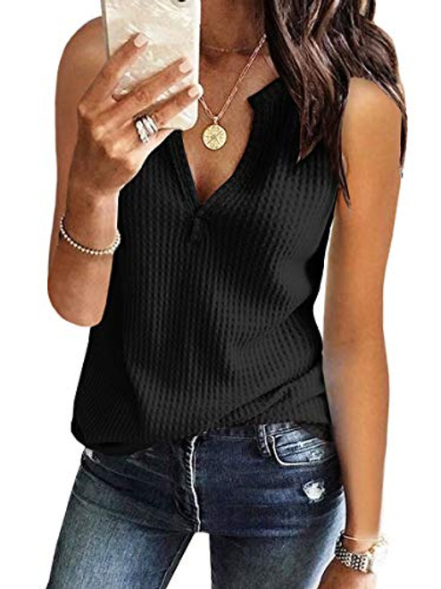 Womens Tank Tops V Neck Waffle Knit Summer Casual Sleeveless Loose Tee Shirts X-Large Black Womens Tank Tops V Neck Waffle Knit Summer Casual Sleeveless Loose Tee Shirts X-Large Black