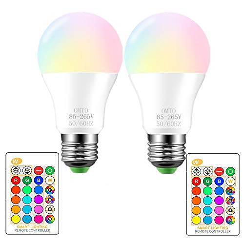 RGBW Color Changing LED Light Bulbs  A19 E26 Screw Base IR Remote Control Dimmable with Memory Function 60W Equivalent for Home Decoration Stage Bar Party  RGBPlusWarm Lighting  2-Pack