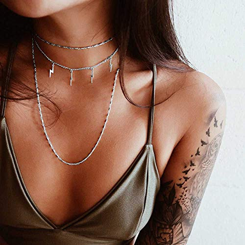 Jovono Bohemian Multi - Layer Necklace with Lightning Pendant For Women and Girls  Silver