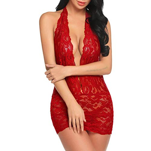 Sexy Lingerie for Women for Sex Women's Lace Teddy Lingerie Sexy Deep V Halter Backless One Piece Bodysuit Babydoll Red Medium