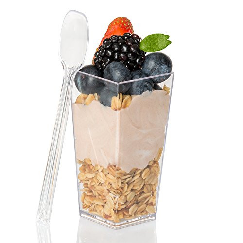3 oz Mini Plastic Dessert Cups with Spoons - 40 Dessert Shooters for Chocolate Desserts  Appetizers  Samplers  Dessert Shot Glasses  and  More