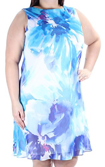 American Living Womens Blue Sheer Floral Sleeveless Jewel Neck Above The Knee Shift Cocktail Dress Size 16