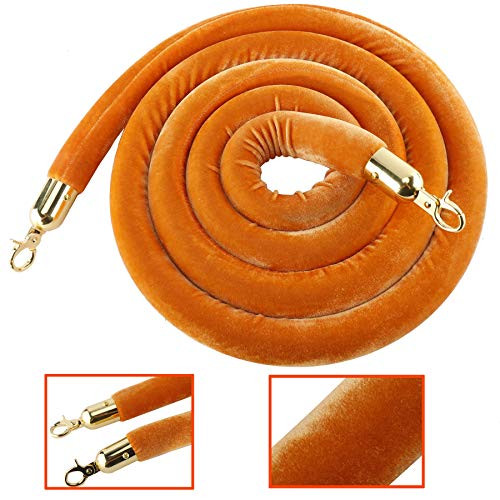 AuInn 10 Feet Velvet Stanchion Rope  Stanchion Queue Barrier Velvet Rope  Crowd Control Barrier Rope  with Golden Mirror Polished Hooks  Orange