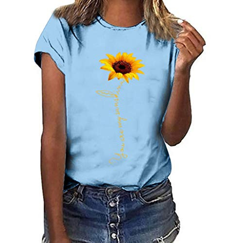 Meikosks Womens Sunflower Print Tops Short Sleeve Round Neck T Shirt Loose Pullover Sky Blue