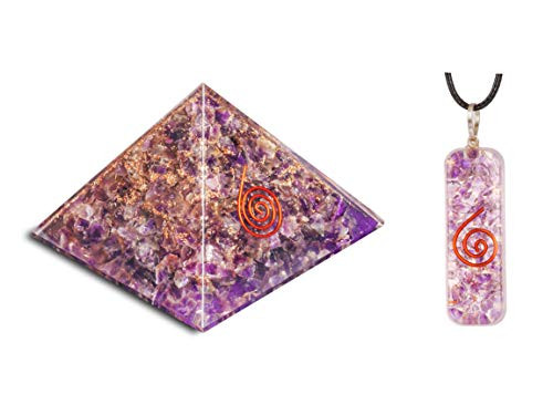 PYOR Amethyst Orgone Pyramid  and  Pipe Pendant Chakra Balancing Reiki Healing Aura Cleansing Home Decor Copper Spiral Prosperity Crystals  and  Stones EMF Protection Good Luck Feng Shui Wealth 2.5-3 inch