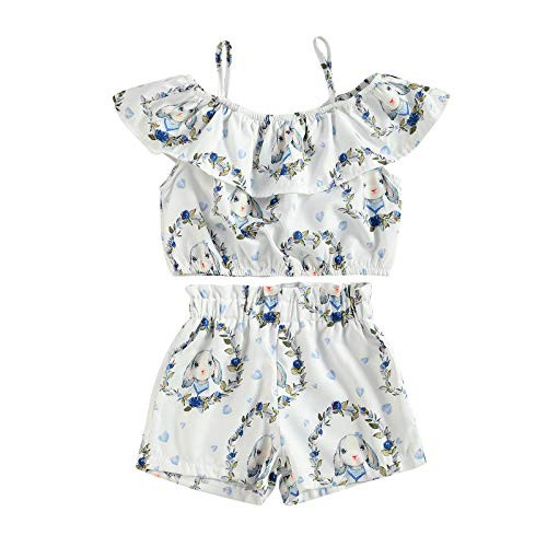GOOCHEER Easter Toddler Girl Outfits Bunny Straps Ruffle Top Shorts 2pcs Toddler Girl Easter Clothes 1-7T  Blue  3-4T