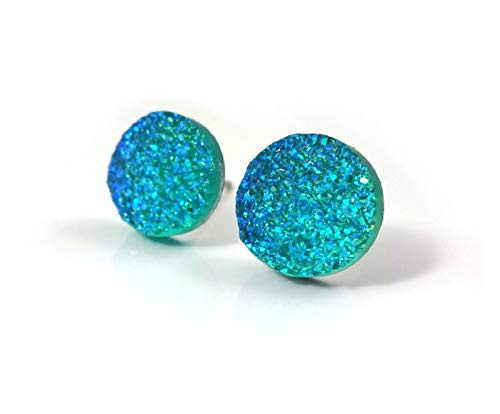 10mm Blue Ombre Faux Druzy Studs - Small Aqua Glitter Earrings- Titanium or Surgical Stainless Steel Posts Nickel Free for Sensitive Ears