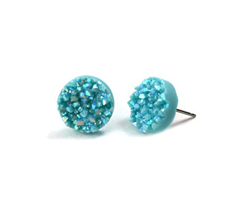 Robins Egg Blue Iridescent Faux Druzy Stud Earrings - Titanium or Surgical Stainless Steel Posts Nickel Free for Sensitive Ears