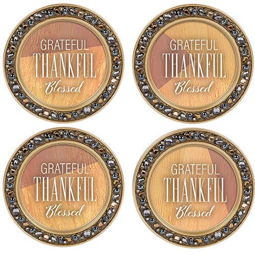 Elanze Designs Grateful Thankful Blessed Amber Goldtone 4.5 Inch Jeweled Coaster Set of 4